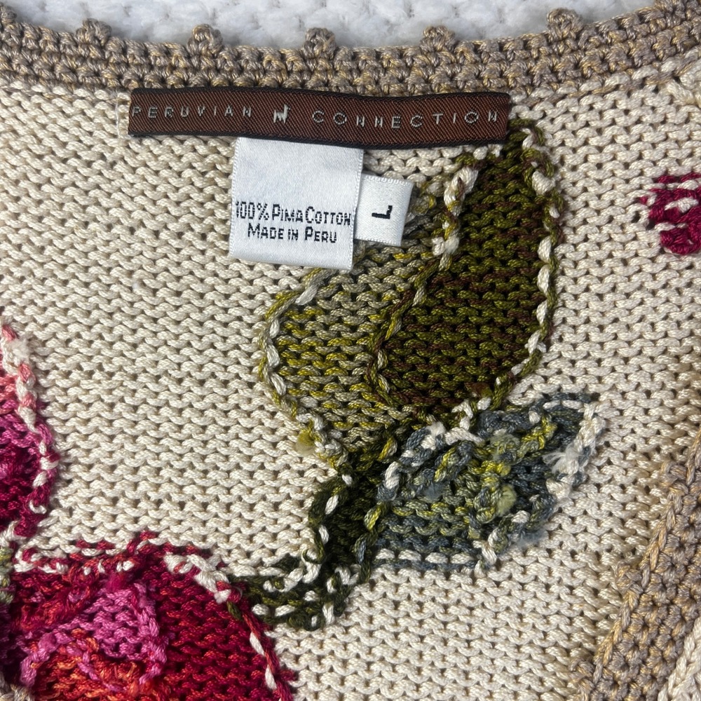 Peruvian‎ Connection Floral Embroidered Knit Vest Women's Size L Pima Cotton - Picture 6 of 7